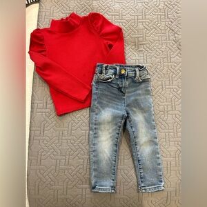 J. Crew Crewcuts Baby Girl Denim Jeans Size 2 & babyGap Red Mock Neck Top Size 3